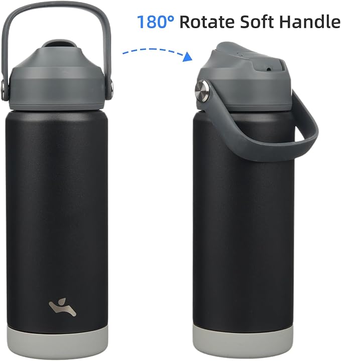 Insulated Water Bottle with Straw Lid,18 oz Stainless Steel Vacuum Metal Bottle with Silicone Handle,Black-FlexoryFit