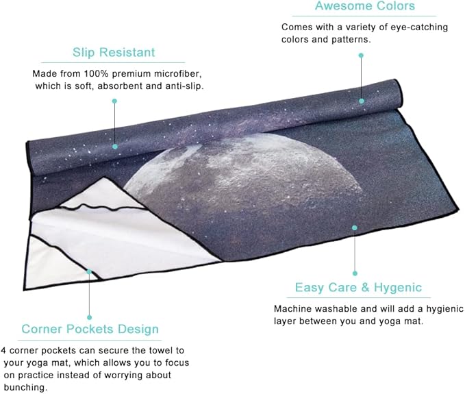 QiyI Yoga Mat Towel with Corner Pockets, Non Slip Sweat Absorbent Hot Yoga Towels, Soft Yoga Blankets with Travel Bag, Skidless Mat Cover for Workout, Gym, Fitness - 74"x26", Moon Cycle-FlexoryFit