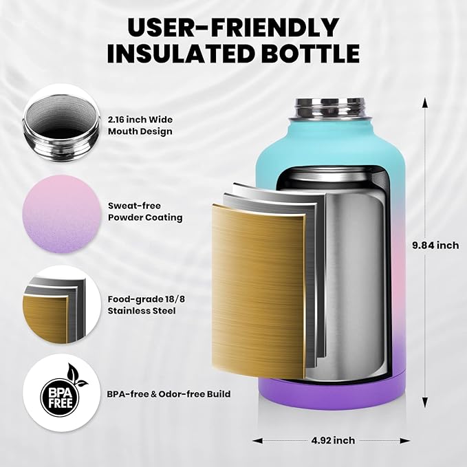 Insulated Water Bottle 64 oz, Triple Wall Vacuum Stainless Steel (Cold for 48 Hrs), Leak Proof & Non-BPA, Half Gallon Water Flask Jug with Paracord Handle & Straw Spout Lids, Hydrangea-FlexoryFit