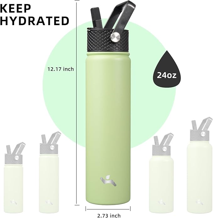 Insulated Water Bottle 24oz Stainless Steel Sport Bottles with 3 Lids,Macaron Green-FlexoryFit