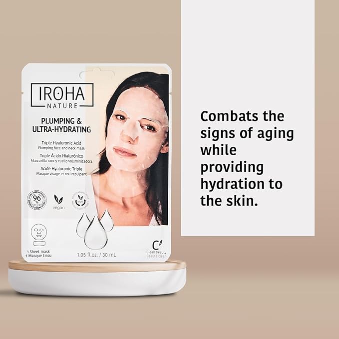 IROHA NATURE Replumping & Anti-Aging Tissue Face Mask (Pack of 15) | With Triple Hyaluronic Acid | Deep Hydration & Anti-Aging Effect | Softer, Calmer Skin | 100% Vegan-FlexoryFit