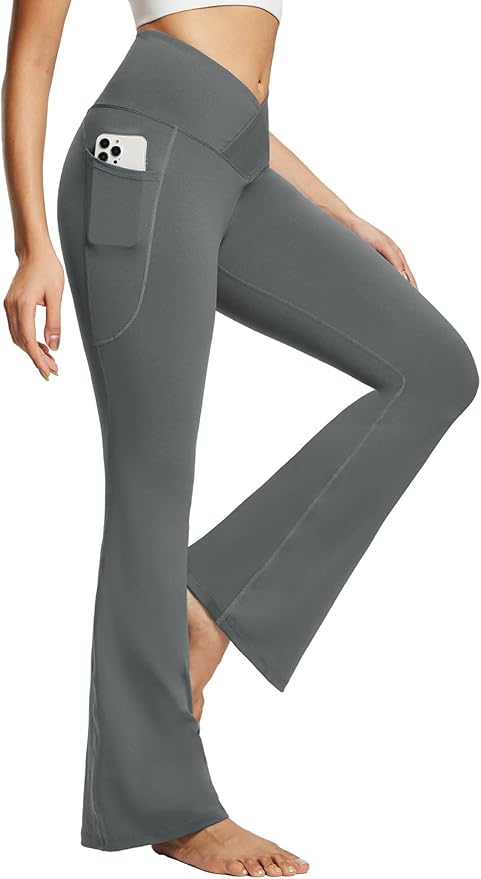 baleaf Women's V Crossover Flare Leggings with Pockets Yoga Pants High Waist Casual Workout Gym Bell Bottom Leggings-FlexoryFit
