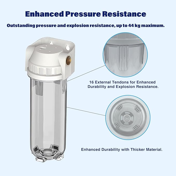 Whole House/RV Water Filter Housing Clear, 10" X 2.5" Inline Sediment Water Filter for RV, Home, Garden, Aquarium, Maple Syrup RO System, 3/4" G Brass Port, R-Type O-Ring, Bracketless - 1025CWH