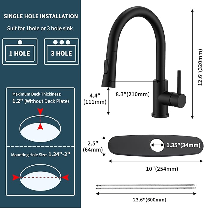 Kitchen Faucet with Pull Down Sprayer SUS304 Stainless Steel High Arc Pull Out Kitchen Sink Faucets Utility Laundry Farmhouse Camper Rv Modern for 1 or 3 Hole Sink, KF1-BK