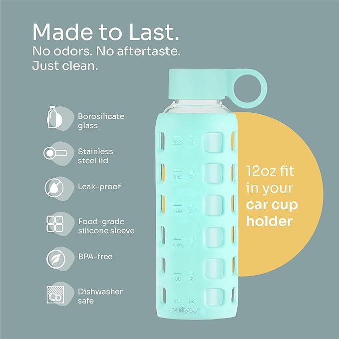 purifyou 40oz / 32oz / 22oz / 12oz Borosilicate Glass Water Bottle with Time & Volume Markers, Silicone Sleeve, Stainless Steel Lid | Reusable Glass Bottle for Water & Juice (12oz Glow-in-the-Dark)