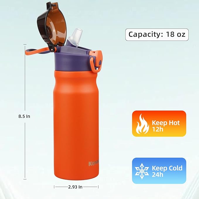 Insulated Water Bottle with Straw and Carry Loop,18 oz Stainless Steel Double Wall Vaccum Metal Water Flask with Leak-proof Lid,Orange-FlexoryFit