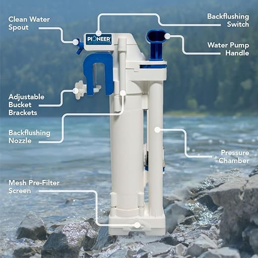 Outdoor Water Filtration System. Bucket Pump Purifier Produces Clean Water for Backpacking, Survival, Hiking - Emergency Filter