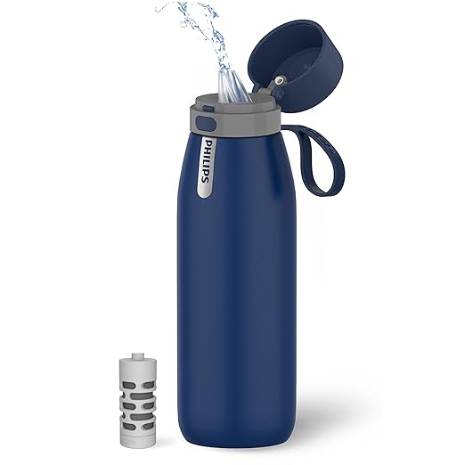 PHILIPS Water Bottle with Filter, Filter Water Bottle Stainless Steel with GoZero Everyday BPA-Free Tap Water Filter, Water Filter Bottle Keep Drink Cold 24 Hours, 1 Filter for 40 gal / 2 Months