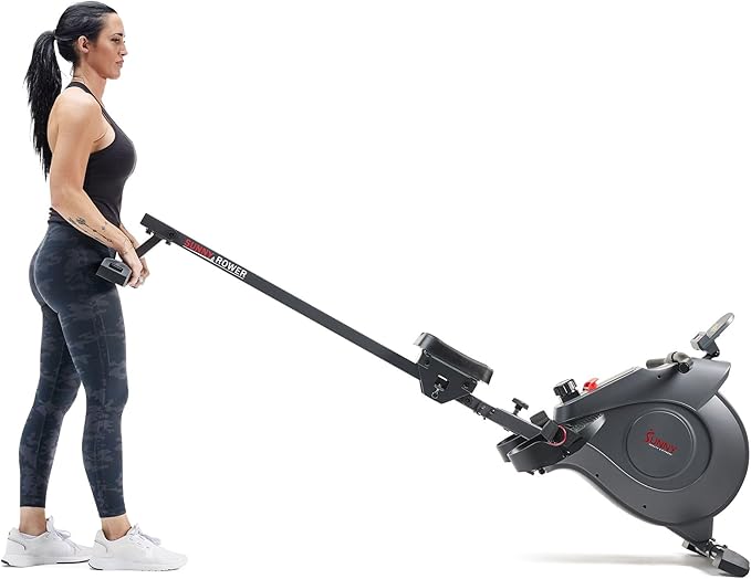 Sunny Health & Fitness Flip & Foldable Rowing Machine for Home w/Extended Slide Rail, Full-Body Workout, Low-Impact, Optional Extra Long Rail, Quiet Rail Cover, Water Motion and Free SunnyFit App-FlexoryFit