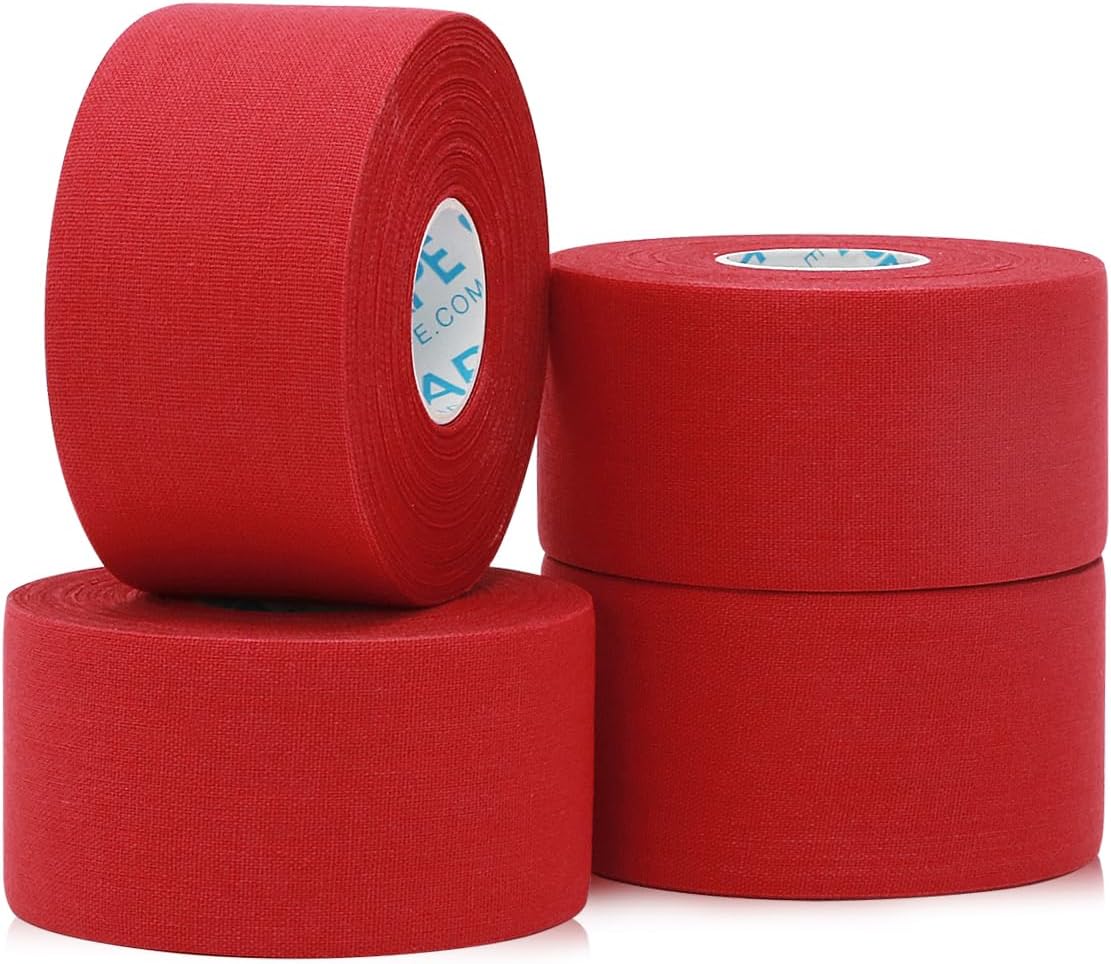 OK TAPE Athletic Sports Tape（4 Packs) - 45ft Per Roll Very Strong Tape for Athlete & Sport Trainers & First Aid Injury Wrap, Perfect for Fingers Ankles Wrist on Bat, Hockey Stick - Red