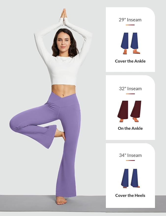 baleaf Women's V Crossover Flare Leggings with Pockets Yoga Pants High Waist Casual Workout Gym Bell Bottom Leggings-FlexoryFit