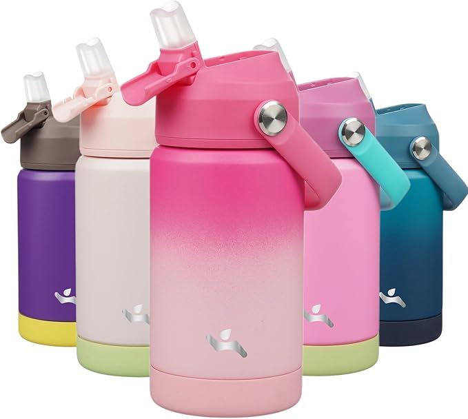 Insulated Water Bottle with Straw Lid,12 oz Stainless Steel Vacuum Metal Bottle with Silicone Handle,Cherry Blossom-FlexoryFit