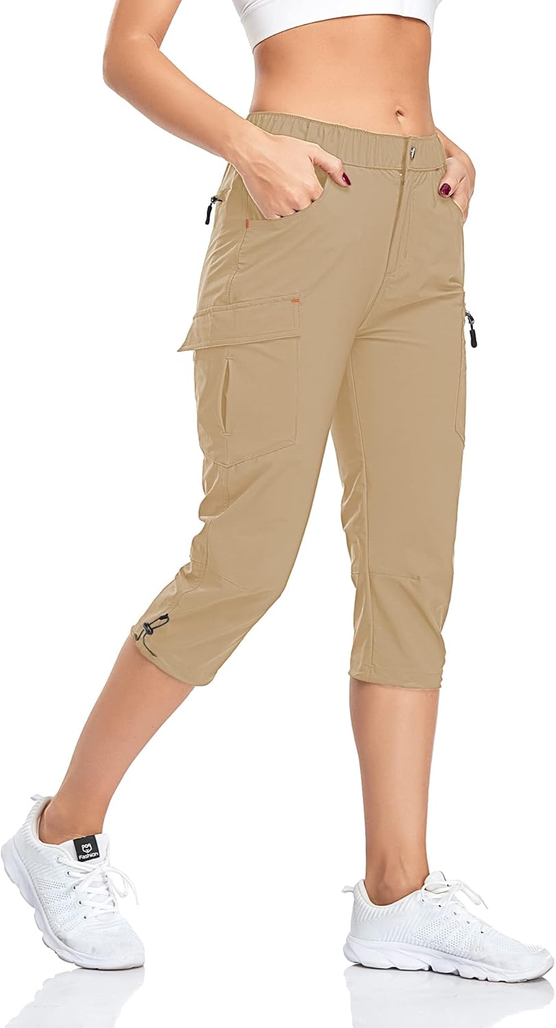 GymBrave Women's Hiking Cargo Pants Quick Dry Outdoor Camping Capris Water Resistant UPF 50 with Zipper Pockets