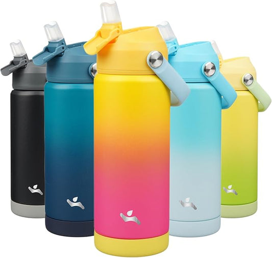 Insulated Water Bottle with Straw Lid,18 oz Stainless Steel Vacuum Metal Bottle with Silicone Handle,Rainbow-FlexoryFit