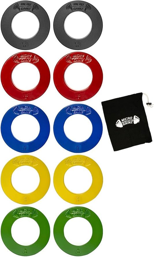Micro Gainz Olympic Fractional Weight Plates Set, 10 Piece Olympic Weight Plates Set with Bag, Designed for Olympic Barbells for Strength Training and Micro Loading, Made in USA