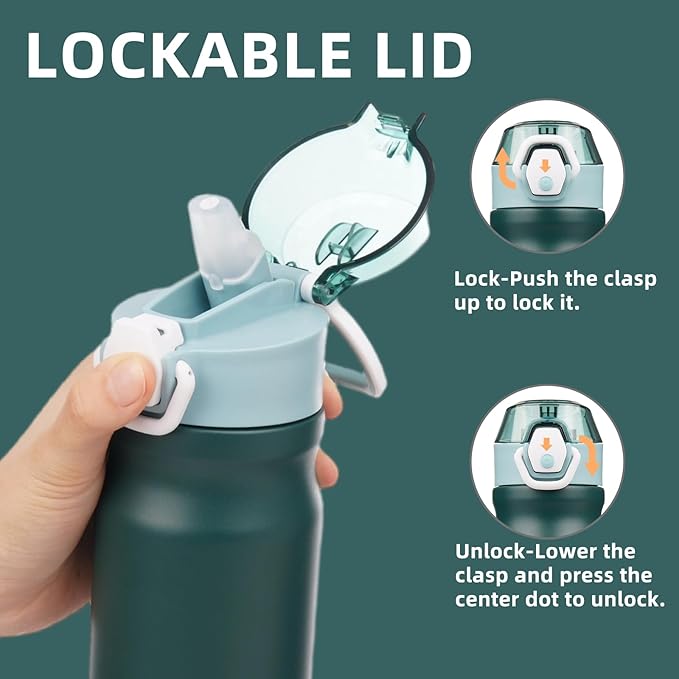 Insulated Water Bottle with Straw and Carry Loop,18 oz Stainless Steel Double Wall Vaccum Metal Water Flask with Leak-proof Lid,Dark Green-FlexoryFit