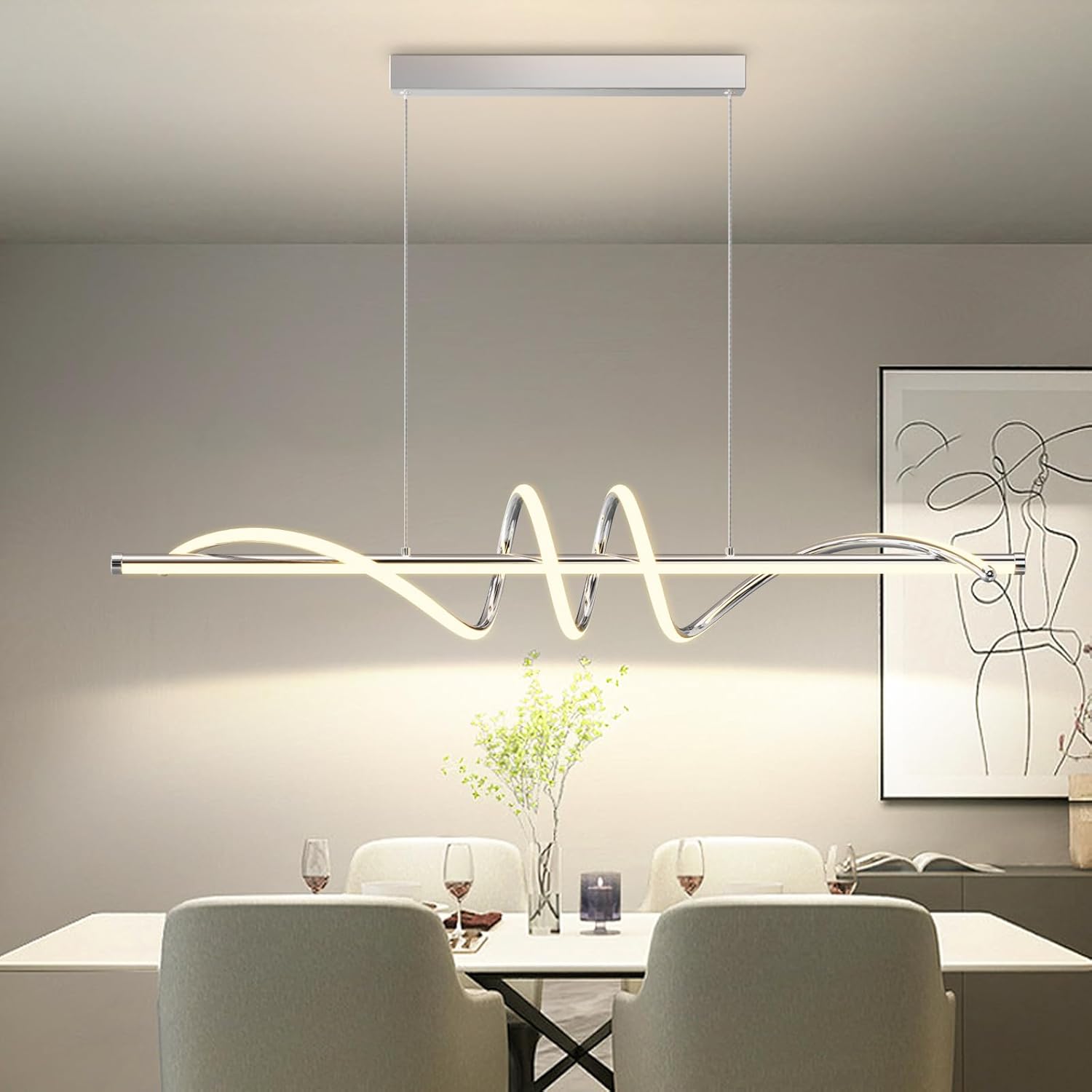 Modern LED Pendent Lights Kitchen Island,3000k-6000K Adjustable Color Dining Room Light Fixture,Dimmable with Remote Control Aluminum for Kitchen, Living, Dining,Bedroom(47in Chrome Silver