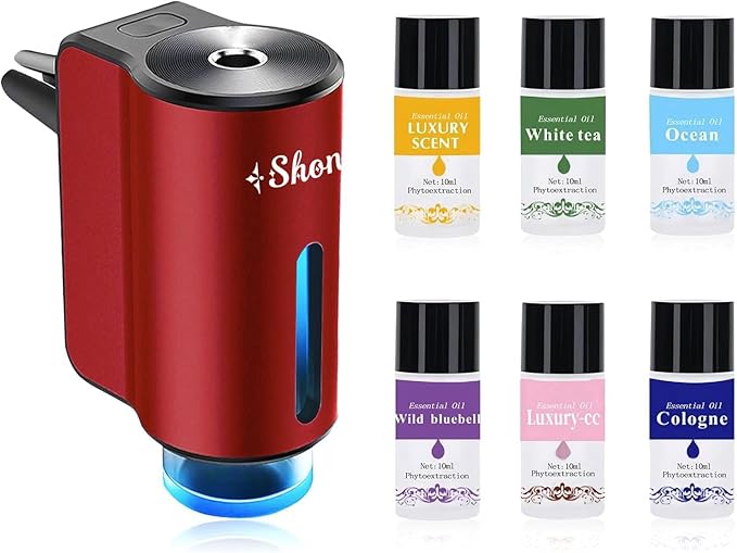 Car Air Freshener Diffuser, Smart Aromatherapy Air Outlet Clip, Long-Lasting Atomizer, Rechargeable With 6pcs Aromatherapy Oil, Red (6 Scents)