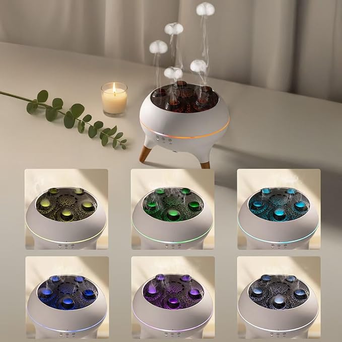 Mushroom Cloud 3-Timer Setting Aromatherapy Diffuser with 7-Smoke Modes & 7-Color LED, Water Jelly Shape Fog Machine for Home Decor, Bedroom, Office, Auto Shut-Off
