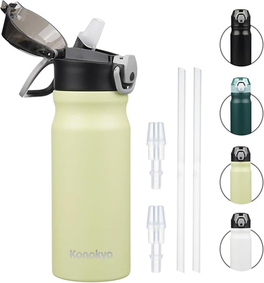 Insulated Water Bottle with Straw and Carry Loop,18 oz Stainless Steel Double Wall Vaccum Metal Water Flask with Leak-proof Lid,Macaron Green-FlexoryFit