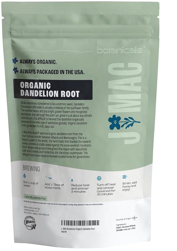 J Mac Botanicals Organic Dandelion Root (16 oz) unroasted, herb for tea and other infusions, Packaged in the USA, Certified USDA Organic-FlexoryFit
