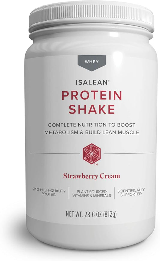 IsaLean Protein Shake - Complete Superfood Meal Replacement for Maintaining Healthy Weight and Lean Muscle Growth with 24 Vitamins and Minerals - 28.6 oz - 14 Meal Canister (Strawberry Cream)-FlexoryFit