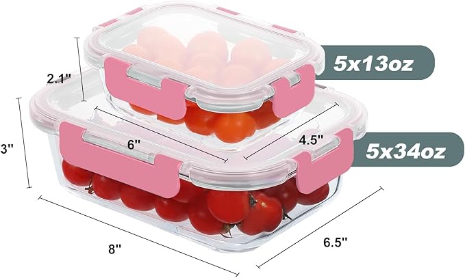 10 Pack Glass Food Storage Containers, Meal Prep Containers with Lids, Airtight Glass Lunch Boxes, Freezer, Oven, and Microwave Safe, Pink-FlexoryFit