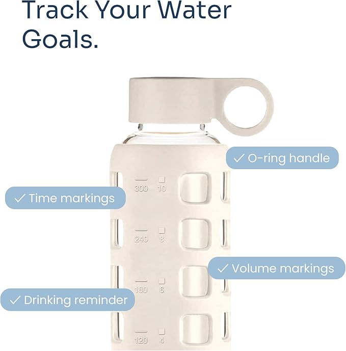 purifyou 40oz / 32oz / 22oz / 12oz Borosilicate Glass Water Bottle with Time & Volume Markers, Silicone Sleeve, Stainless Steel Lid | Reusable Glass Bottle for Water & Juice (12oz Pearled Ivory)