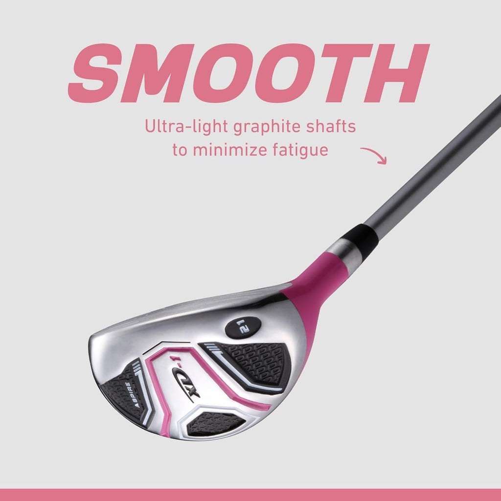 Aspire XD1 Womens Golf Clubs Full Set, Includes Driver, Fairway, Hybrid, 6-PW Irons, Putter, Stand Bag, 3 H/C's, Ultra-Light Graphite Shafts, Golf Clubs Women Right Handed, Comes in 3 Sizes, Pink