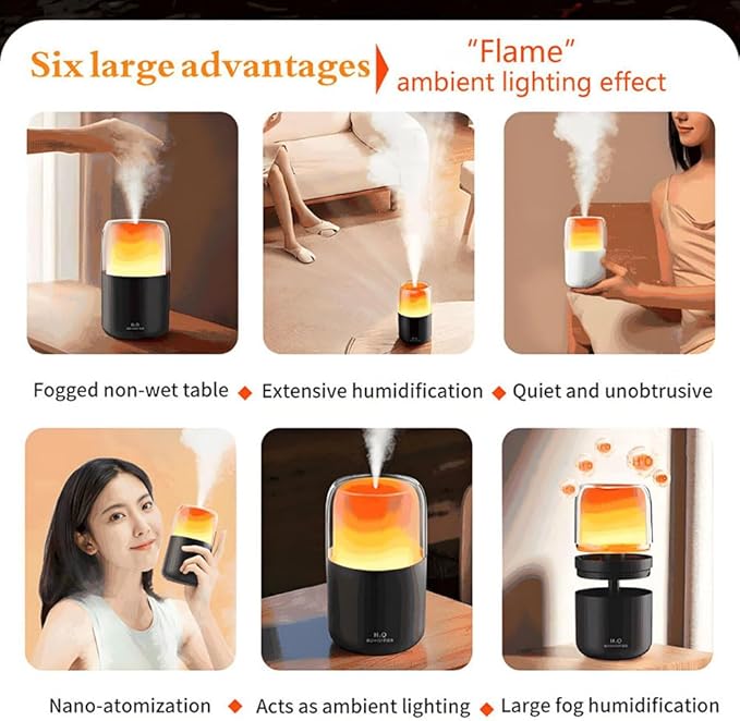 LED home spraying humidifier with high simulation flame atmosphere light，2.3W and 280ml water tank,dynamic state and static state flame (white housing)