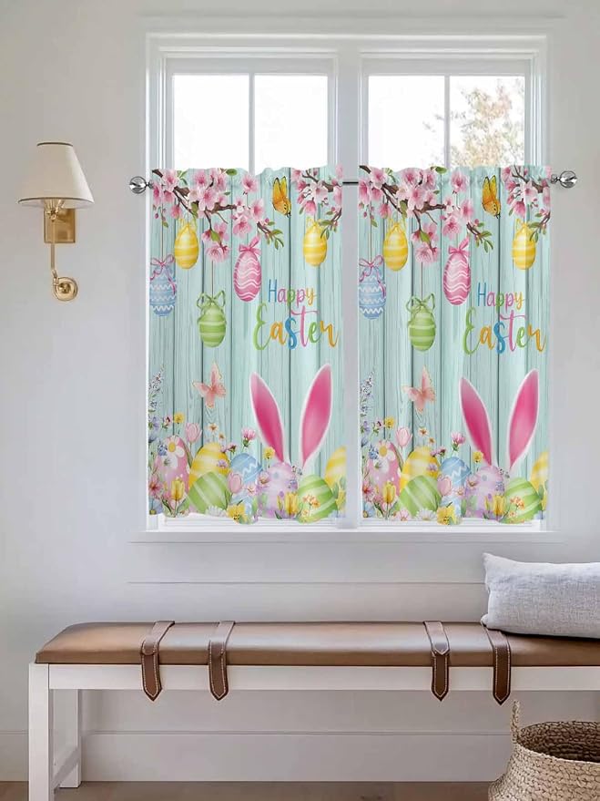 Happy Easter Kitchen Curtains 45 Inches length, Spring Bunny Eggs Flower Teal - Image 4