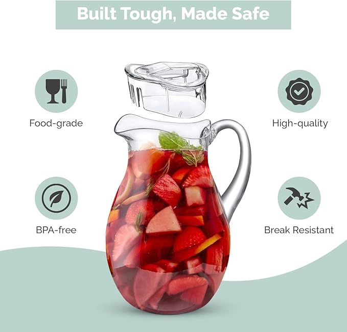 MosJos Acrylic Pitcher (72 oz), Clear Plastic, Water Pitcher with Lid, Shatterproof, BPA-Free Clear Pitcher, Ideal for Sangria, Lemonade, Juice, Iced Tea & More
