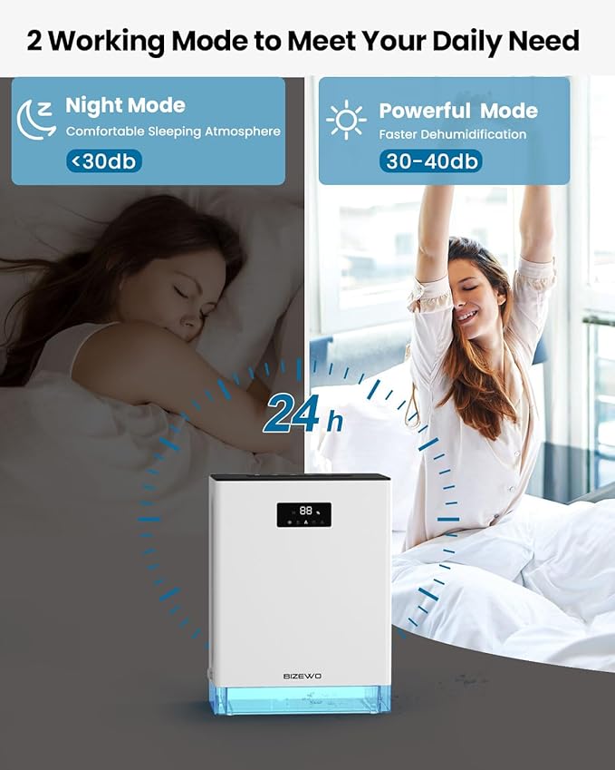 BIZEWO Dehumidifier for Home, (980 sq.ft) Queit Dehumidifiers for Basement, Bathroom, Bedroom with 101 oz Water Tank, Large Room Dehumidifier with 2 Working Mode, Auto Shut Off, 7 Colors LED Light