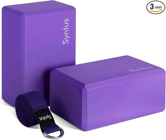 Syntus Yoga Block and Yoga Strap Set, 2 Soft Non-Slip Yoga Blocks 9×6×4 inches, 8FT Metal D-Ring Strap for Yoga, General Fitness, Pilates, Stretching and Toning-FlexoryFit