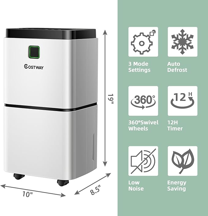 COSTWAY Dehumidifier for Large Room & Basements, 1500 Sq. Ft Portable 30 Pints Dehumidifier with 3 Color LED Light, 3 Modes, 2 Speeds, 12H Timer, Auto or Manual Drainage