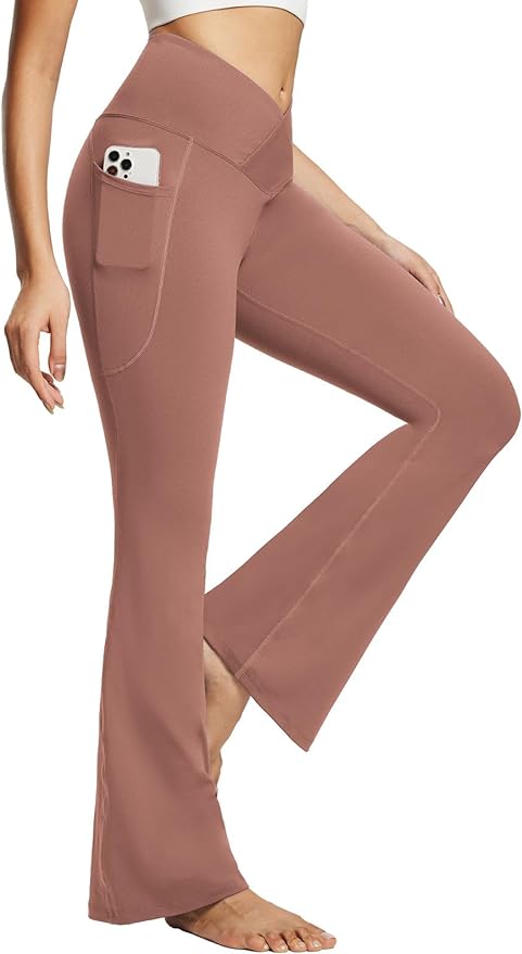 baleaf Women's V Crossover Flare Leggings with Pockets Yoga Pants High Waist Casual Workout Gym Bell Bottom Leggings-FlexoryFit