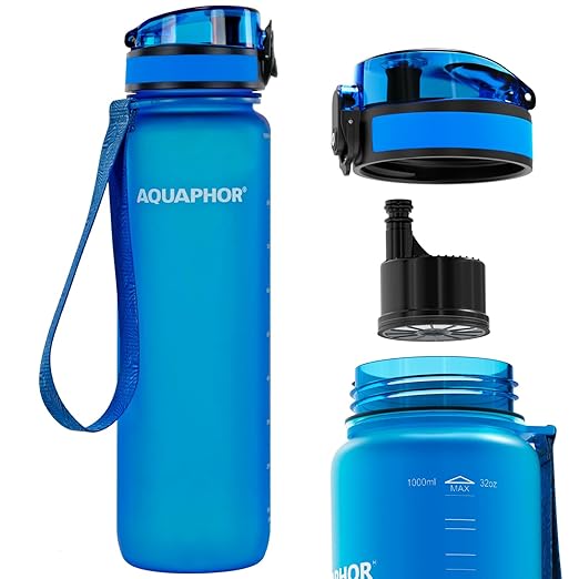 Nakii Filtered Water Bottle, Leakproof, BPA-Free, Motivational Markings, Travel, Everyday Use. 40-Gallon Filter, Replaces 300 Plastic Water Bottles. Includes 1 Filter, 22 FL Oz, Blue by Aquaphor