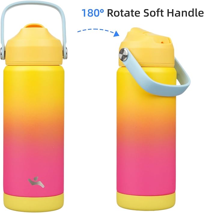 Insulated Water Bottle with Straw Lid,18 oz Stainless Steel Vacuum Metal Bottle with Silicone Handle,Rainbow-FlexoryFit