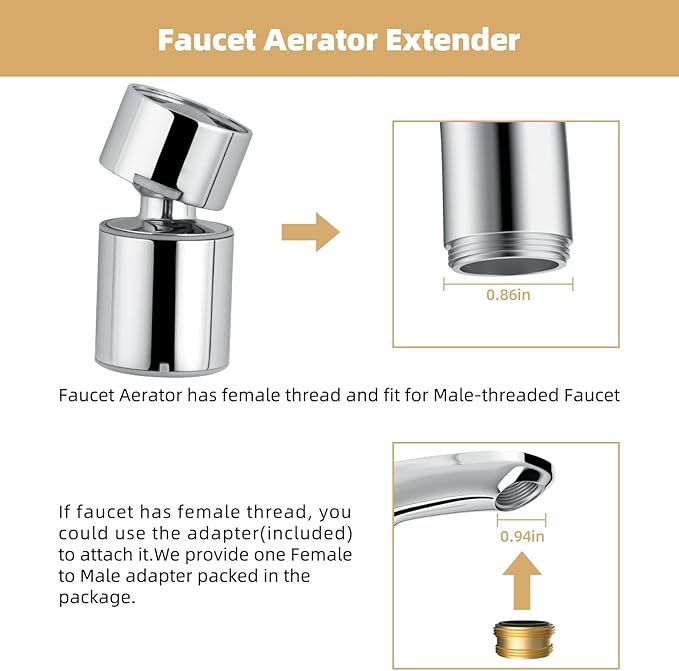Hibbent NSF/ANSI/CAN 61 Certified Faucet Aerator, CUPC Certification 2-Flow Sink Faucet Aerator, 360° Swivel Kitchen Sink Sprayer Attachment, Faucet Replacement Part 55/64" Female Thread - Chrome