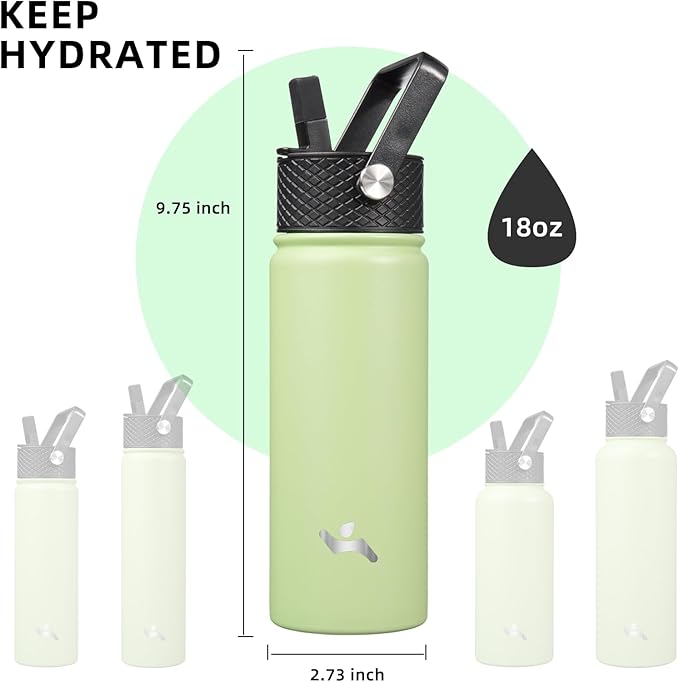 18 oz Insulated Water Bottle Stainless Steel Sport Bottles with 3 Lids,Macaron Green-FlexoryFit