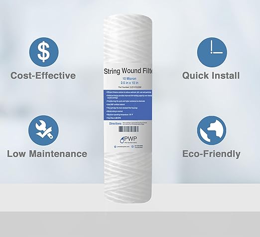 String Wound Sediment Water Filter Cartridge Standard 2.5x10" 10 Micron 25 Pack