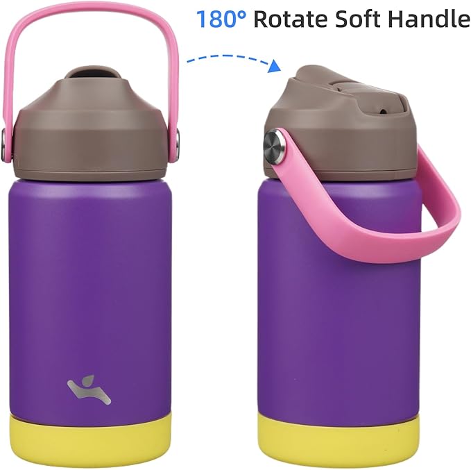Insulated Water Bottle with Straw Lid,12 oz Stainless Steel Vacuum Metal Bottle with Silicone Handle,Violets-FlexoryFit