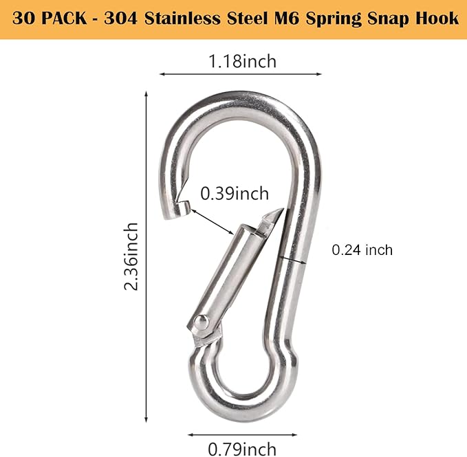 Stainless Steel Spring Snap Hook Carabiner M6 M8 M10 Heavy Duty Carabiner Clip Spring Clips Keychain 5/16 Inch Quick Links for Backpack, Hammocks, Camping, Swing(16/30/10PCS)