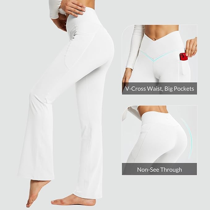 baleaf Women's V Crossover Flare Leggings with Pockets Yoga Pants High Waist Casual Workout Gym Bell Bottom Leggings-FlexoryFit