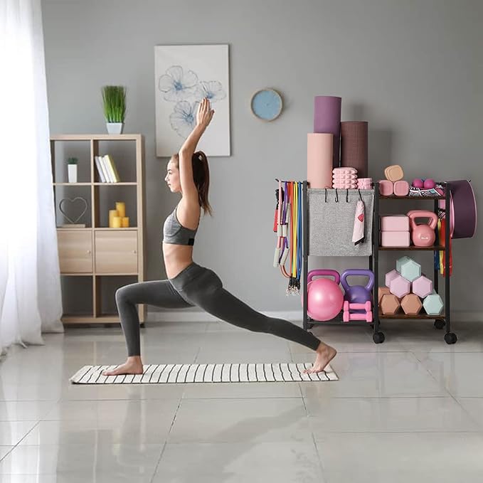 Yoga Mat Storage Rack Home Gym Equipment Organizer Holder for Foam Roller Dumbbells Kettlebells Resistance Bands and More Accessories Women Men Workout Organization with Hooks Wheels (Black)-FlexoryFit