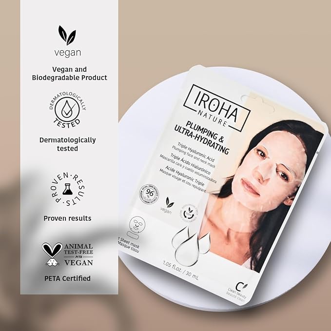 IROHA NATURE Replumping & Anti-Aging Tissue Face Mask (Pack of 15) | With Triple Hyaluronic Acid | Deep Hydration & Anti-Aging Effect | Softer, Calmer Skin | 100% Vegan-FlexoryFit