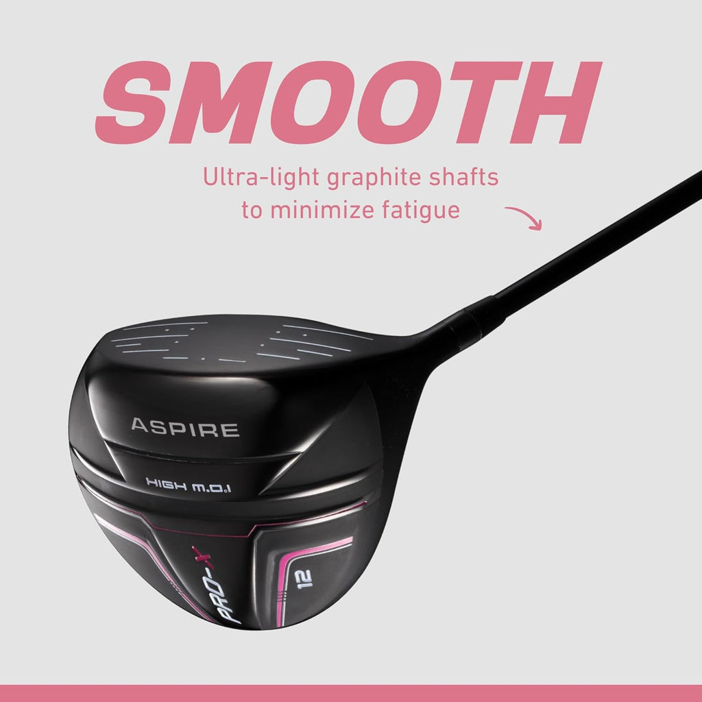 Aspire PRO-X 16-Piece Womens Golf Club Set, Includes Titanium F Driver, #3 Fairway Wood, 4-5 Hybrids, 7-SW Irons, Putter, Cart Bag, 4 H/C's, Golf Clubs Women Right Handed, Regular & Petite Sizes