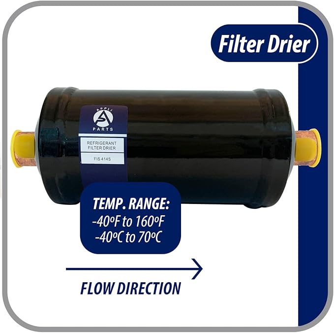 Appli Parts APFD-414S 1/2 in Liquid Line Refrigerant AC Filter Drier hvac Refrigeration 414S ODF Sweat Solder connection universal unidirectional 9-1/2 in long 3-1/2 in wide