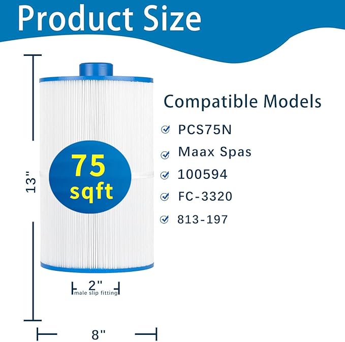 Spa Filter Compatible with PCS75N, Maax Spas, 100594, C-8475, FC-3320 hot tub Cartridge Filter, 75sq.ft, 2 Pack