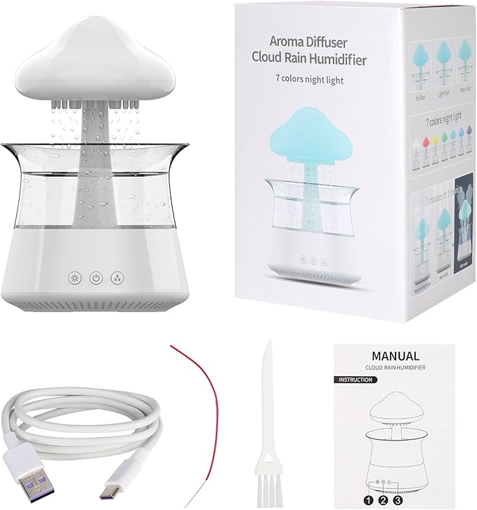 Cloud Rain Humidifier for bedroom with Soothing Rain Sounds - Bedroom Sleep Aid, Waterfall Night Light, Mushroom Design Air Moisturizer for bedroom and living room (White)